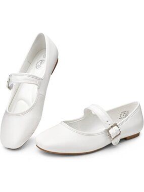 〽️Women's Mary Jane Flats White Casual Dressy Square Toe Adjustable Buckle Strap